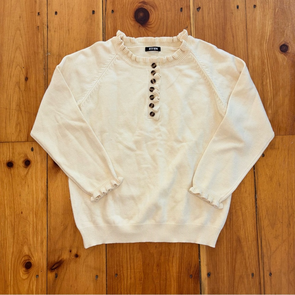 BTFBM Cream Ruffle Neck Button Sweater Boho Cottagecore - Picture 2 of 16